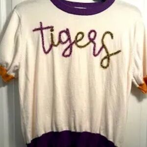 QUEEN OF SPARKLES Cream Tigers Top with Purple and orange Accents